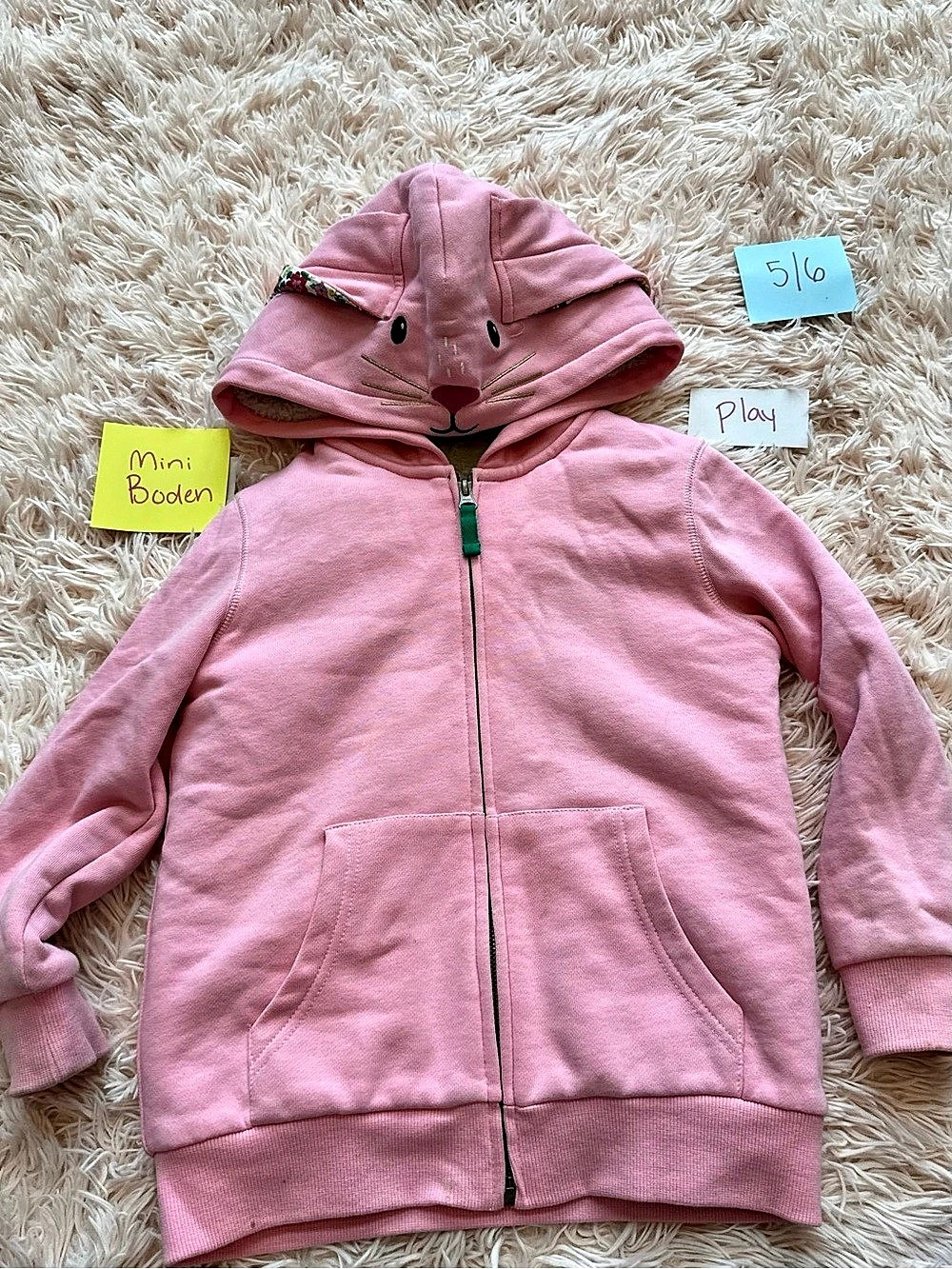 Mini Boden Pink Bunny Sherpa-Lined Zip Hoodie Girls 5/6 SAMPLE